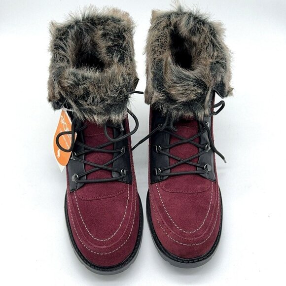Sporto Holly Suede Boot Bootie Faux Fur Trim Burgundy Lace Up Block Heel 9 wide - Picture 1 of 12